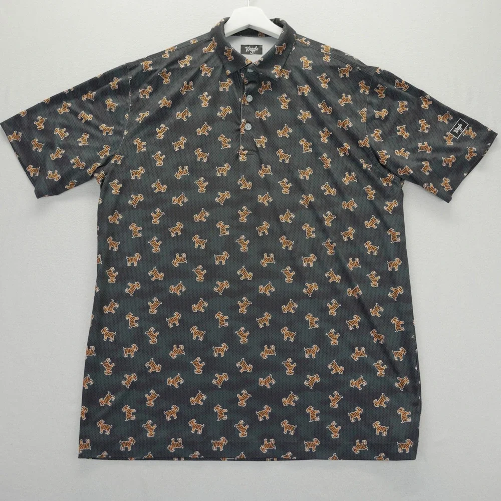Waggle Golf Polo Mens XL Charcoal Grey Tiger Goat Print Performance Shirt Short - Picture 4 of 7